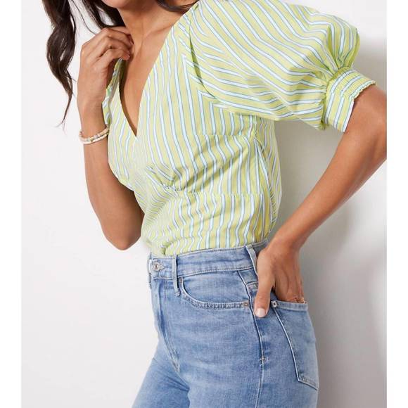 NEW SANCTUARY v neck poplin top in green energy stripe - Picture 2 of 4